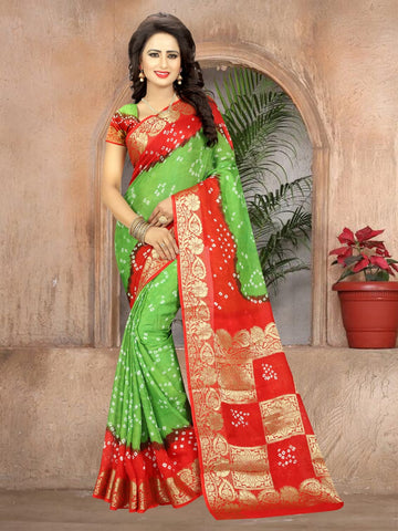 Radiant Green & Red Bandhani Art Silk Handicraft Designer Fancy Saree Online