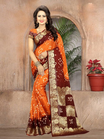 Ravishing Orange & Maroon Art Silk Bandhani Handicraft Designer Fancy Saree Online