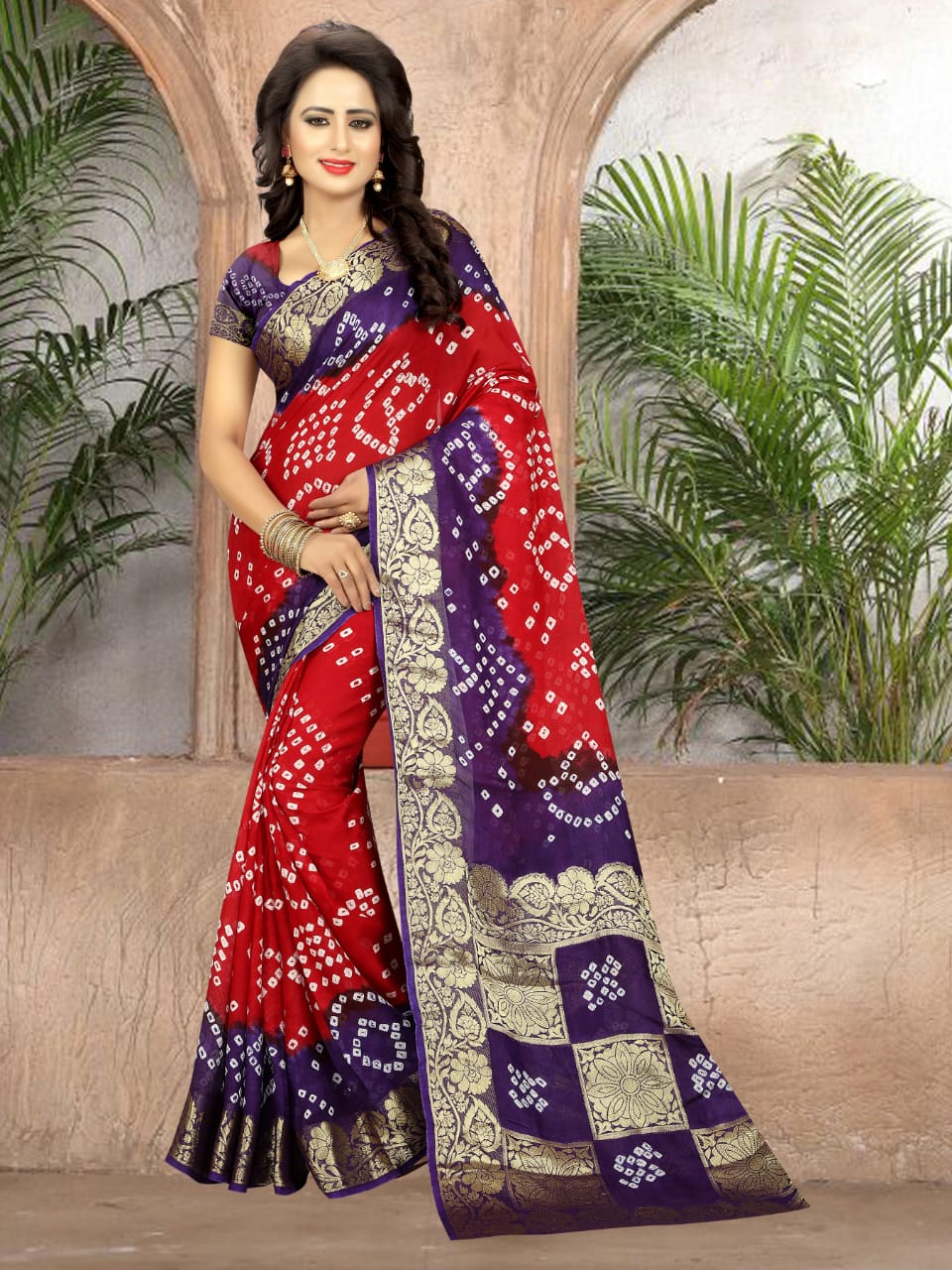 Striking Purple & Red Art Silk Bandhani Handicraft Designer Fancy Saree Online