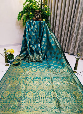 Dazzling Rama Pure Cotton Silk Jacquard Designer Fancy Saree Online