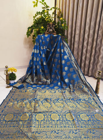 Wonderful Blue Pure Jacquard Cotton Silk Designer Fancy Saree Online
