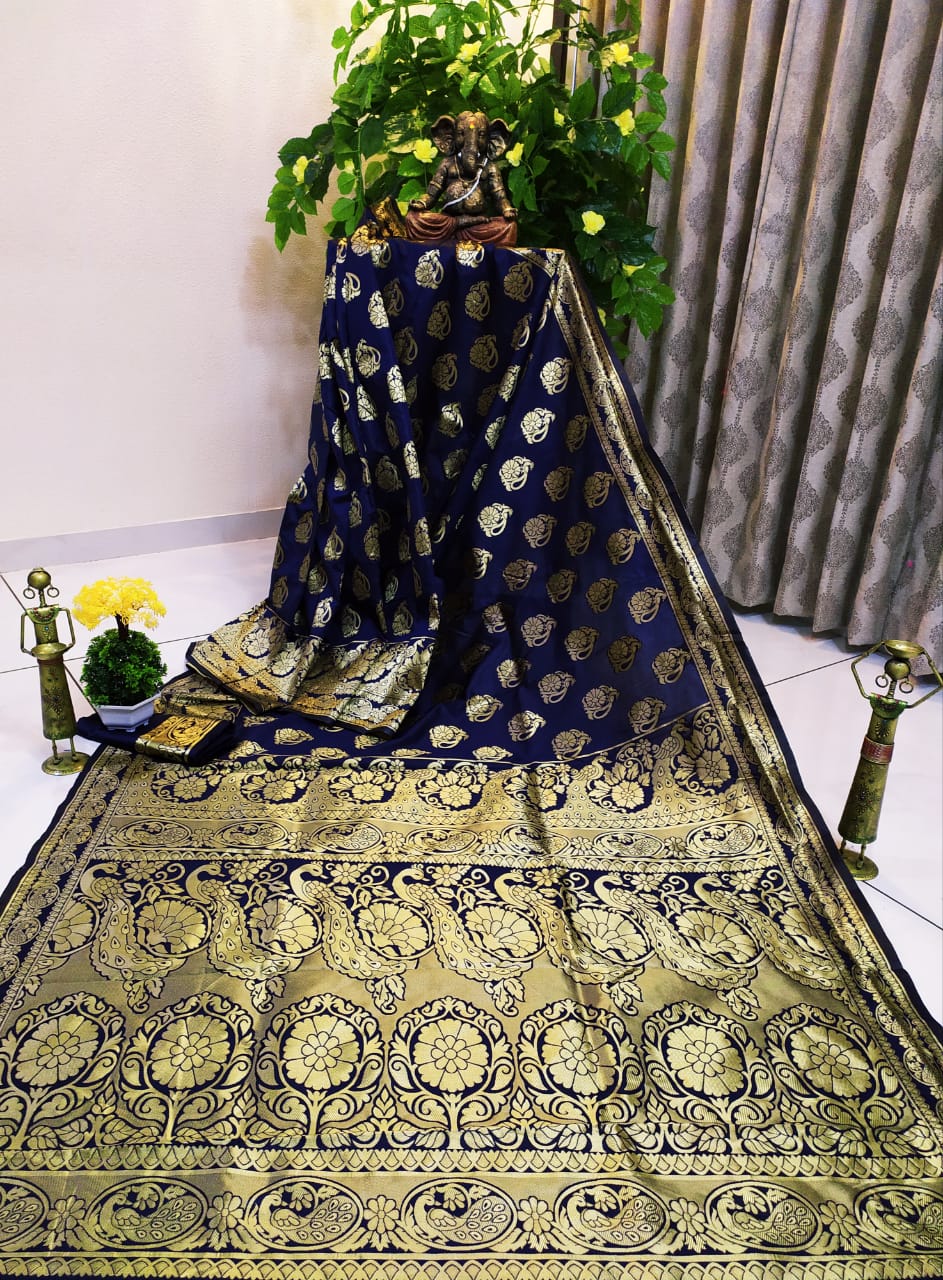 Glorious Royal Blue Pure Cotton Silk Jacquard Designer Fancy Saree Online