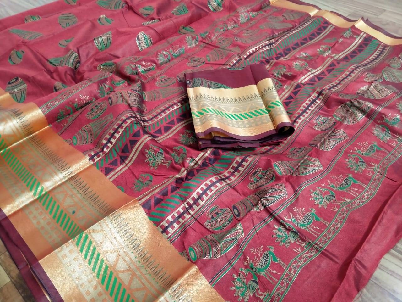 Bewitching Maroon Poly Silk With Hand Foil Print Designer Fancy Saree Online