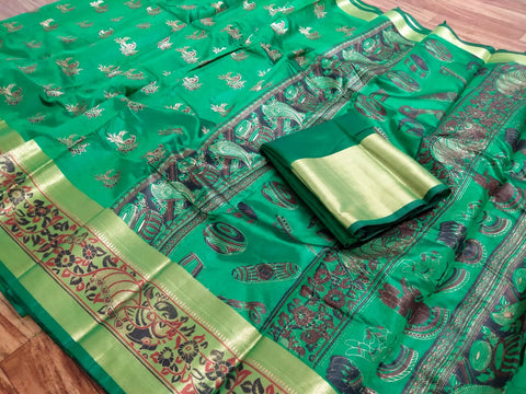 Charming Dark Green Poly Silk With Hand Foil Print Designer Fancy Saree Online