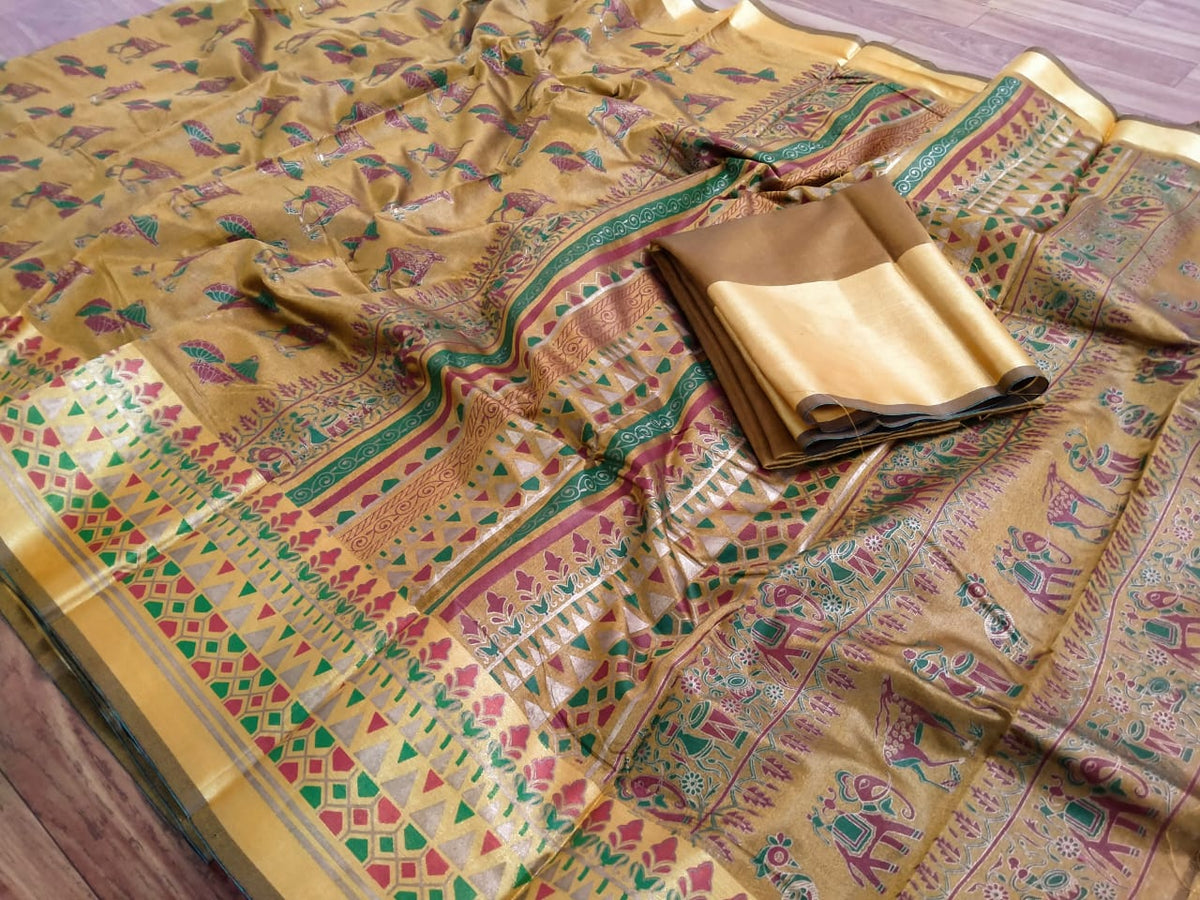 Exquisite Cream Poly Silk With Hand Foil Print Designer Fancy Saree Online