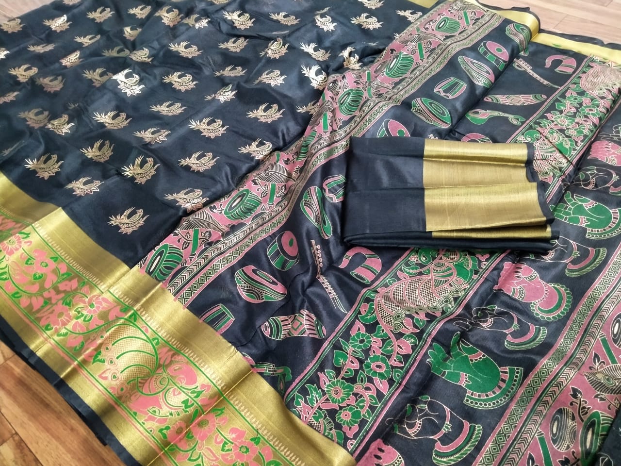 Gorgeous Black Poly Silk With Hand Foil Print Designer Fancy Saree Online