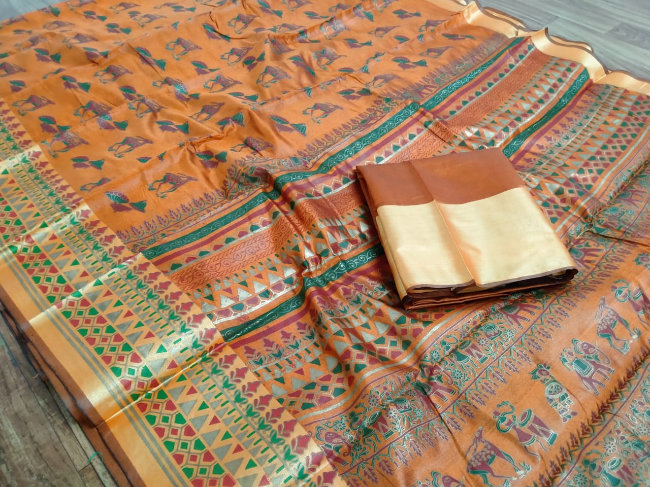 Knockout Orange Poly Silk With Hand Foil Print Designer Fancy Saree Online