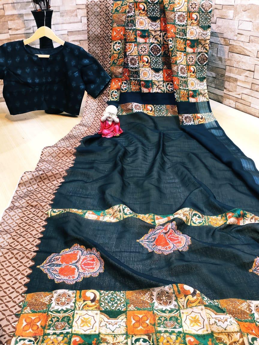 Smashing Navy Blue Linen Cotton Digital Print Zari Border Weaving Designer Fancy Saree Online