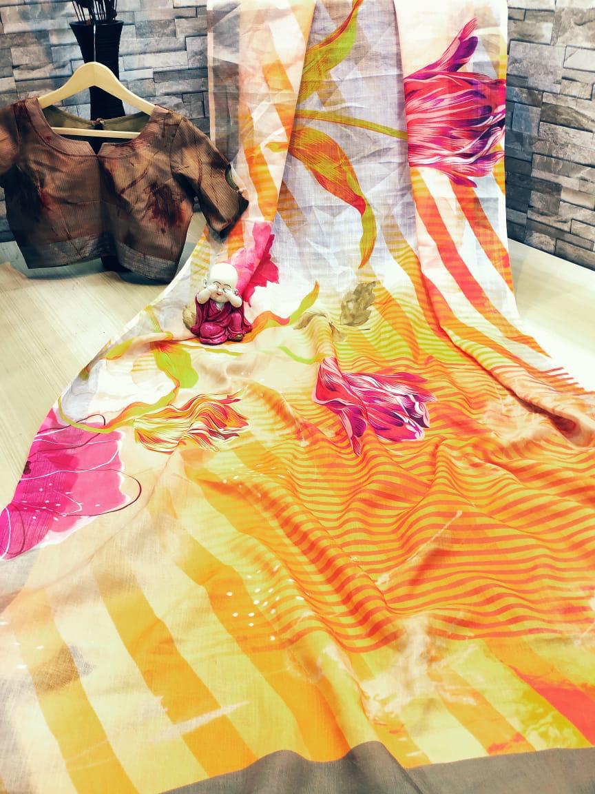 Beauteous Yellow Linen Cotton Zari Border Printed Designer Fancy Saree Online