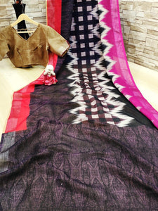 Pulchritudinous Multi Colored Cotton Linen Printed Zari Border Designer Fancy Saree Online