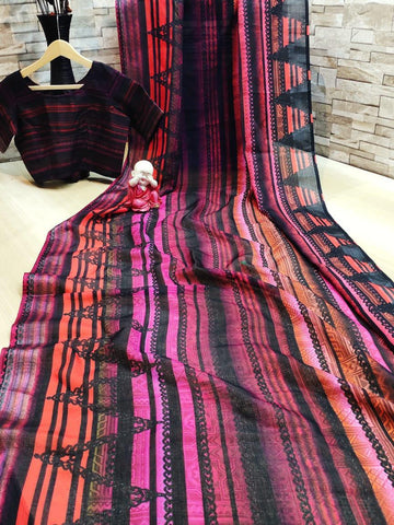 Tremendous Multi Colored Linen Cotton Printed Zari Border Designer Fancy Saree Online