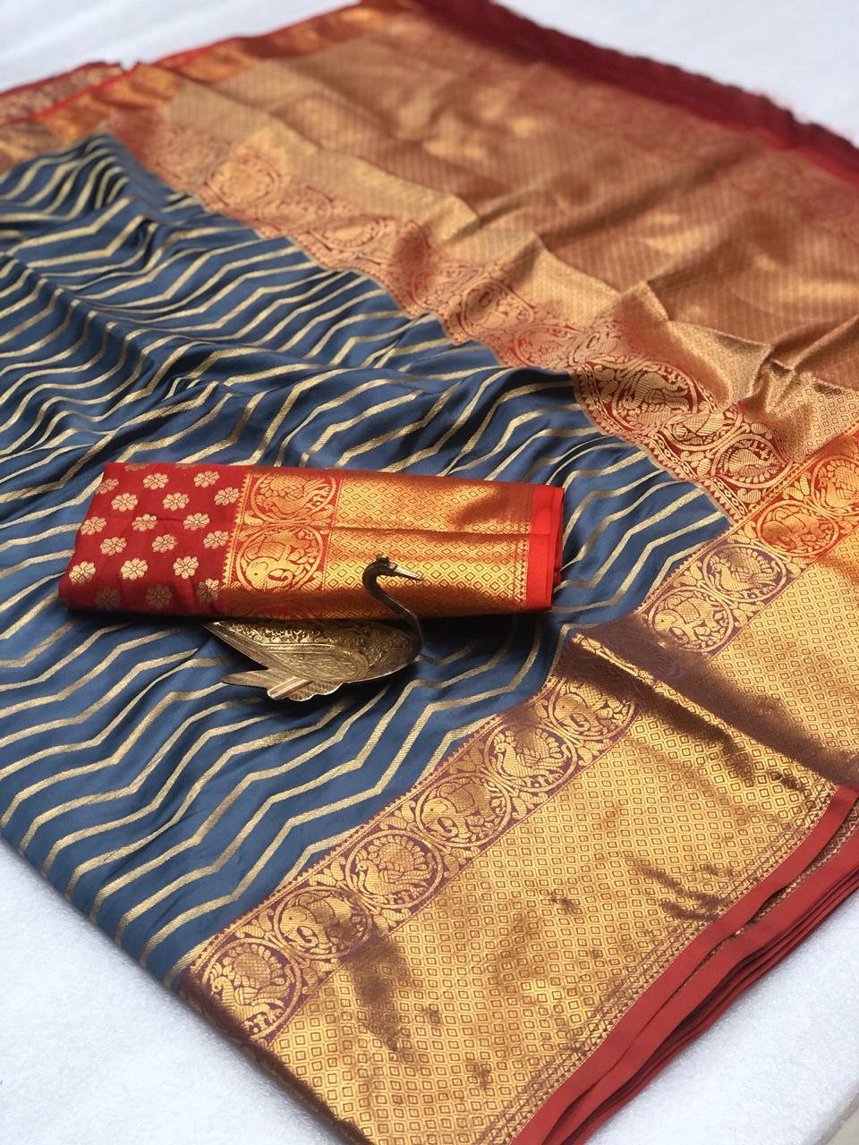 Wonderful Grey Banarasi Silk All Over Zari Weaving Designer Saree Online