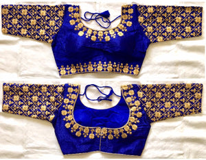 Exquisite Royal Blue Fentam Silk Golden Work Ready Made Blouse
