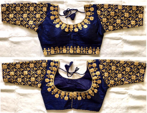 Gorgeous Navy Blue Fentam Silk Golden Work Full Stitched Blouse