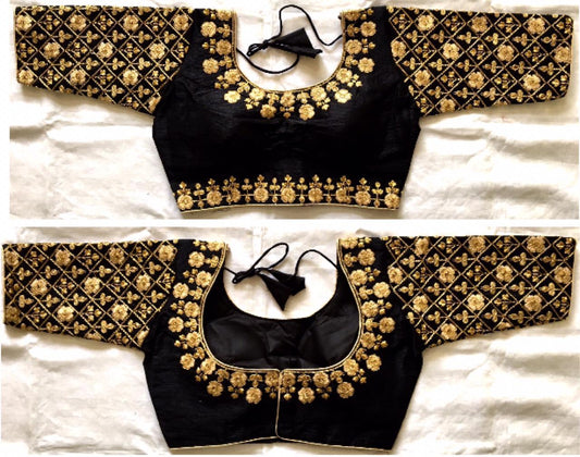 Knockout Black Fentam Silk Ready Made Golden Work Blouse