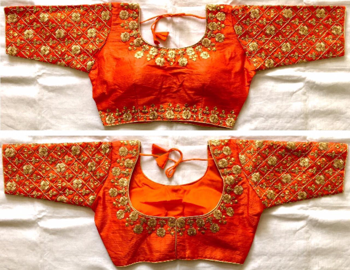 Smashing Orange Fentam Silk Golden Work Full Stitched Blouse