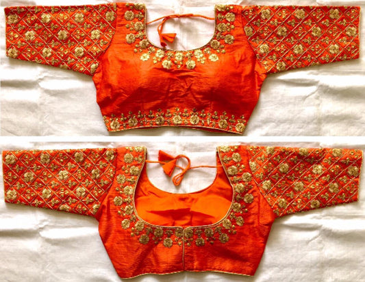 Smashing Orange Fentam Silk Golden Work Full Stitched Blouse
