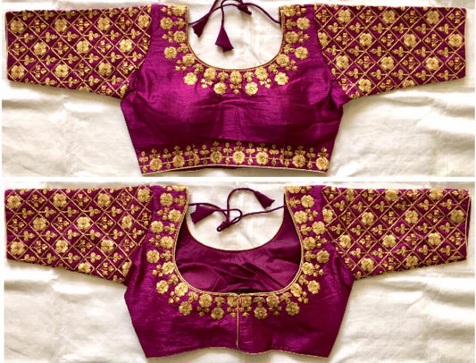 Beauteous Wine Colored Fentam Silk Golden Work Ready Made Blouse