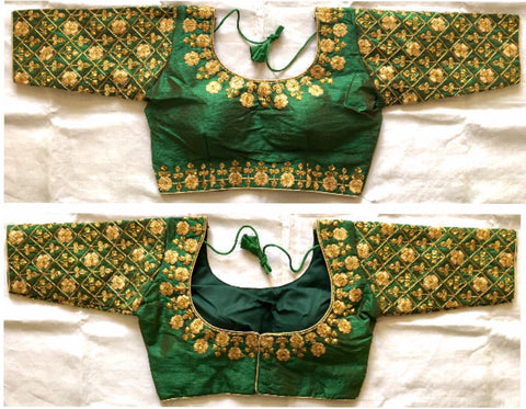 Pulchritudinous Dark Green Fentam Silk With Golden Work Ready Made Blouse