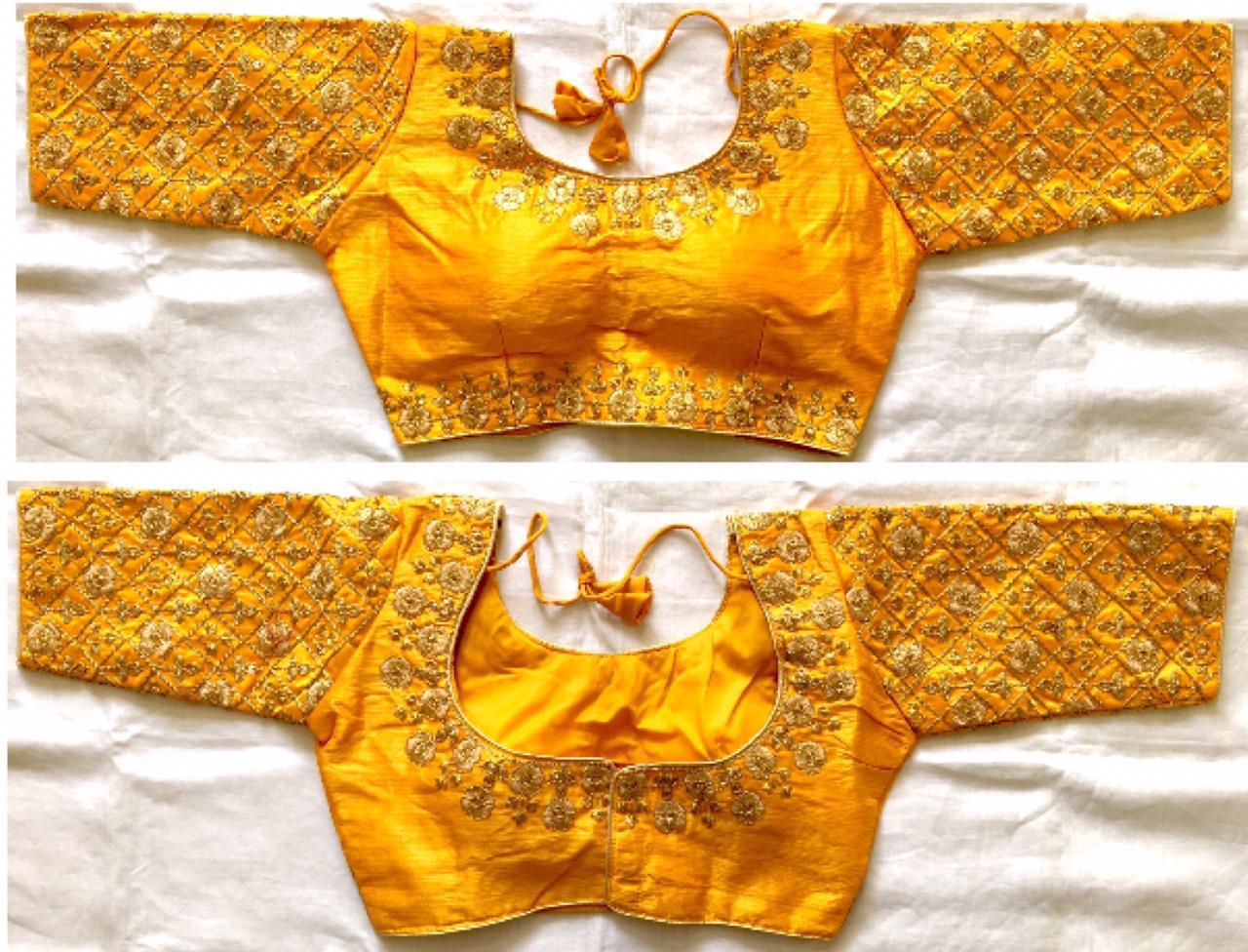Remarkable Yellow Fentam Silk With Golden Work Ready Made Blouse