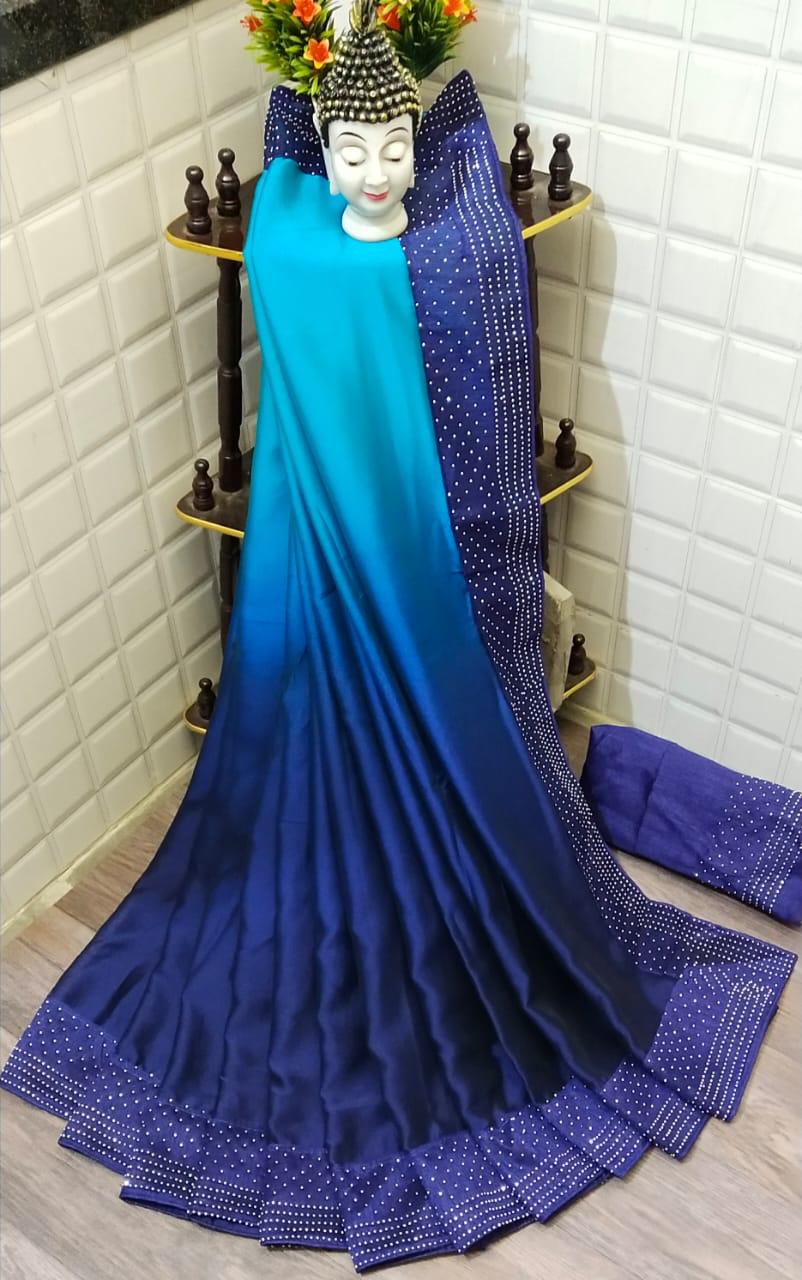 Splendid Royal Blue Satin Rangoli Silk Plain Designer Saree Online