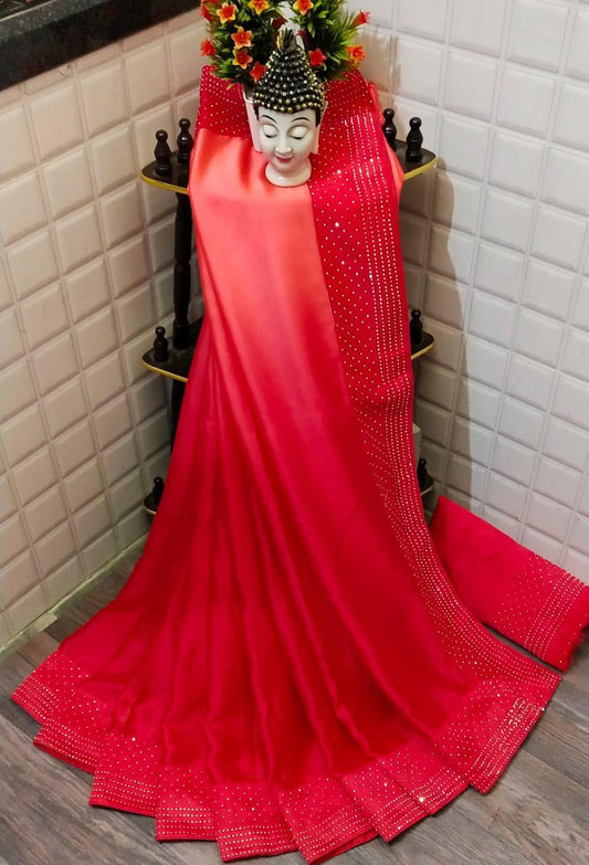 Comely Peach Rangoli Satin Silk Plain Designer Saree Online