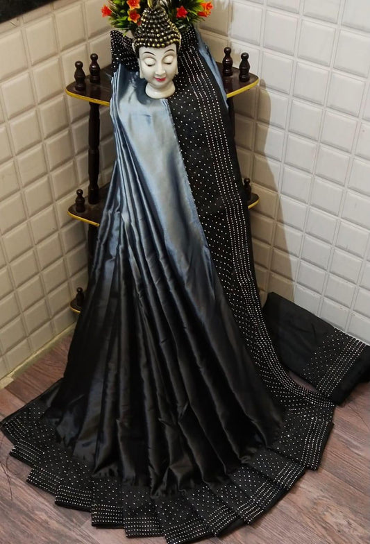 Pretty Black & Grey Rangoli Satin Silk Plain Designer Saree Online