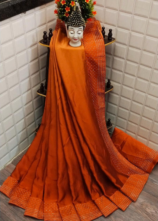 Radiant Orange Satin Silk Rangoli Plain Designer Saree Online