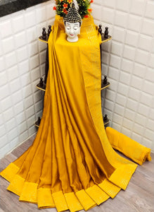 Ravishing Yellow Satin Silk Plain Rangoli Designer Saree Online