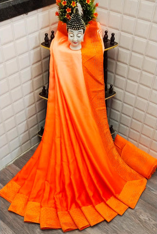 Striking Light Orange Satin Silk Plain Rangoli Designer Saree Online