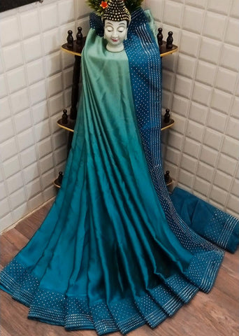 Dazzling Rama Satin Silk Plain Rangoli Designer Saree Online