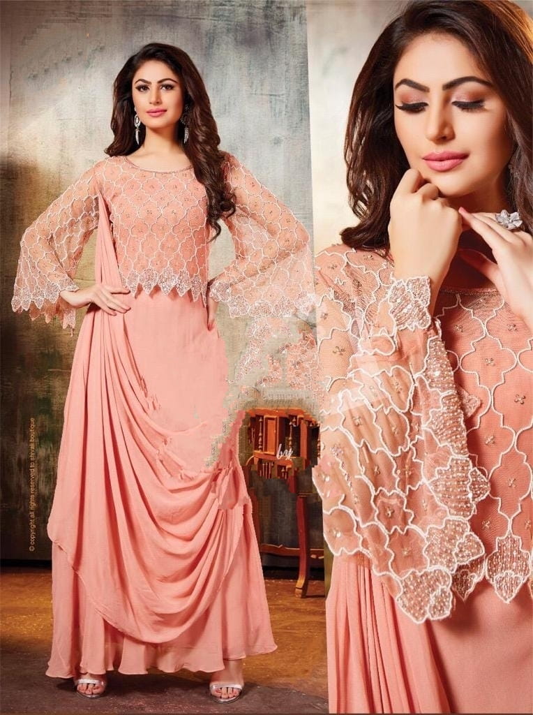 Devastating Peach Georgette Fairy Gowns And Drape Style Attached Dupatta