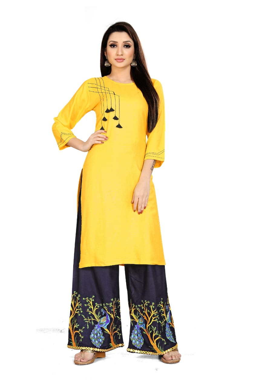 Glorious Yellow Rayon WIth Embroidered Aari Work Kurti & Plazo