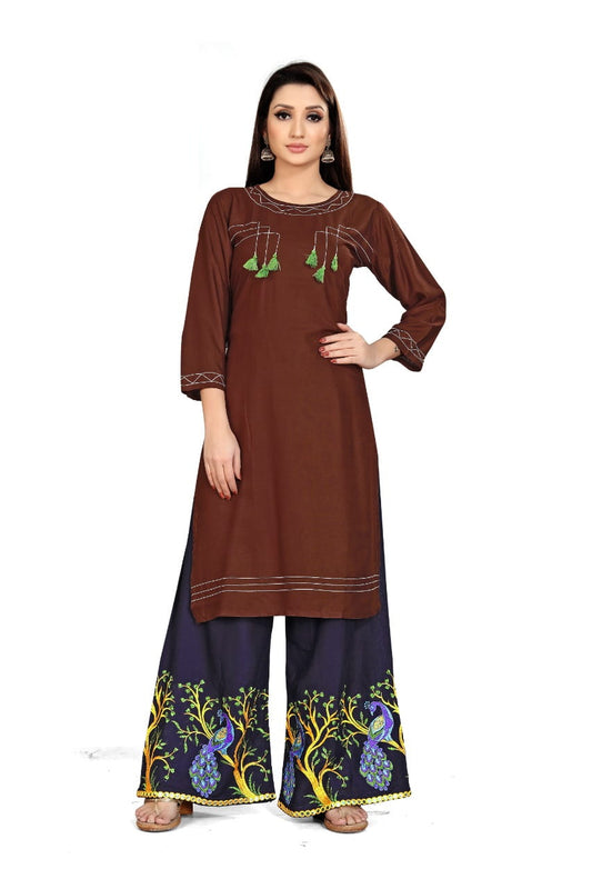 Captivating Chocolate Rayon With Embroidered Aari Work Kurti & Plazo