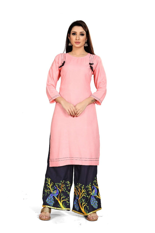 Bewitching Baby Pink Rayon Embroidered Aari Work Plazo & Kurti