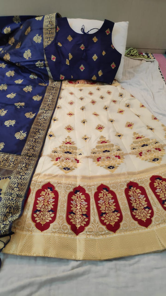 Alluring Navy Blue & Cream Silk Brocade Designer Lehenga Choli