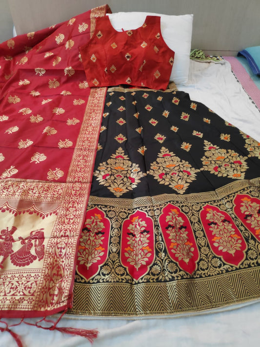 Exquisite Red & Black Silk Brocade Designer Lehenga Choli