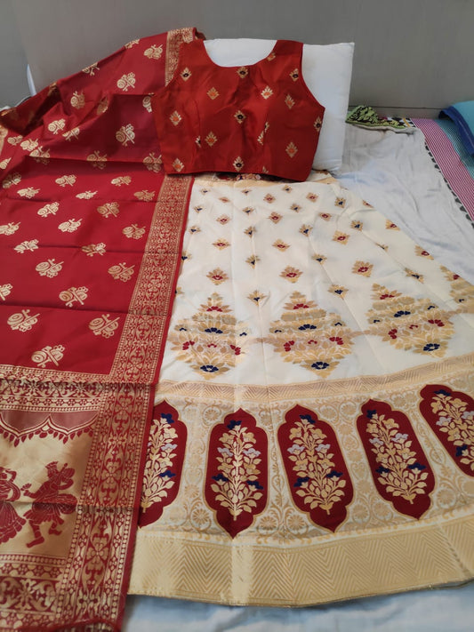 Amazeballs Cream & Red Silk Brocade Designer Lehenga Choli