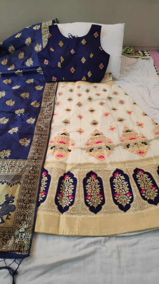 Knockout Cream & Navy Blue Brocade Silk Designer Lehenga Choli