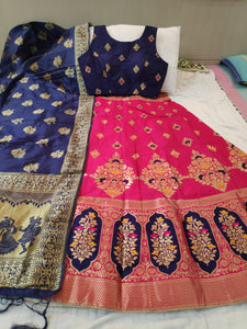 Beauteous Navy Blue & Rani Silk Brocade Designer Lehenga Choli