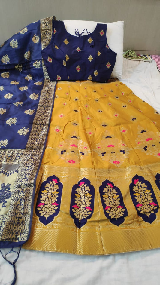 Pulchritudinous Navy Blue & Mustard Silk Brocade Designer Lehenga Choli