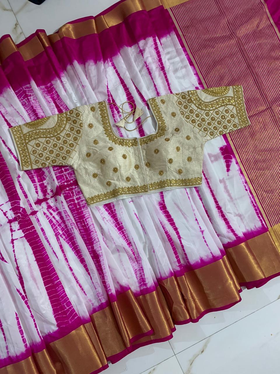Staggering Off White & Rani Tussar Silk Golden Zari Designer Saree Online & Ready Made Blouse