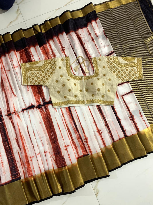 Outstanding Brown & Off White Silk With Golden Zari Designer Saree Online & Ready Made Blouse