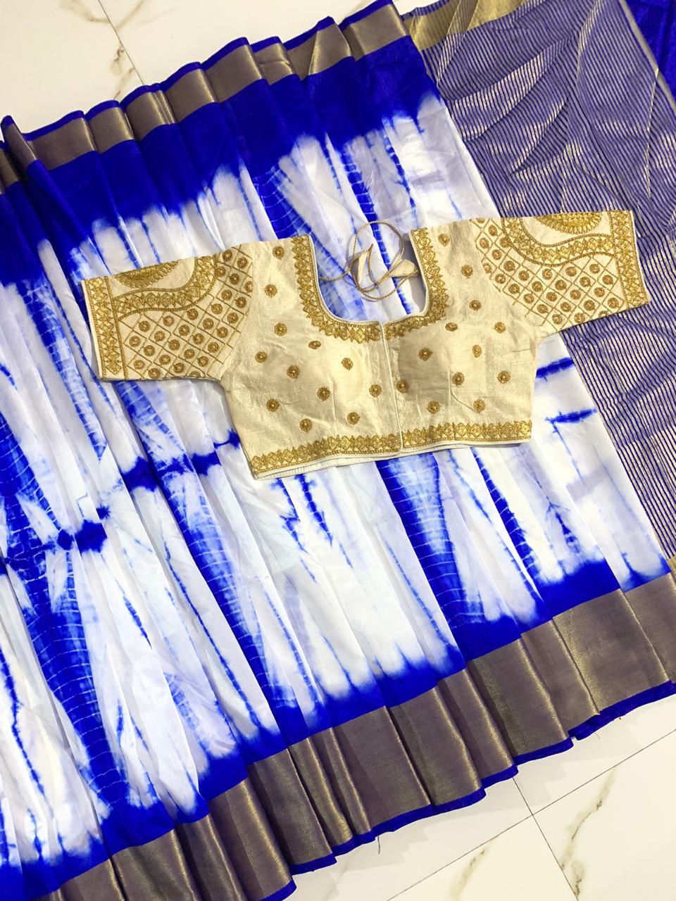 Amazing Cream & Royal Blue Silk With Zari Patta Designer Saree Online & Ready Made Blouse