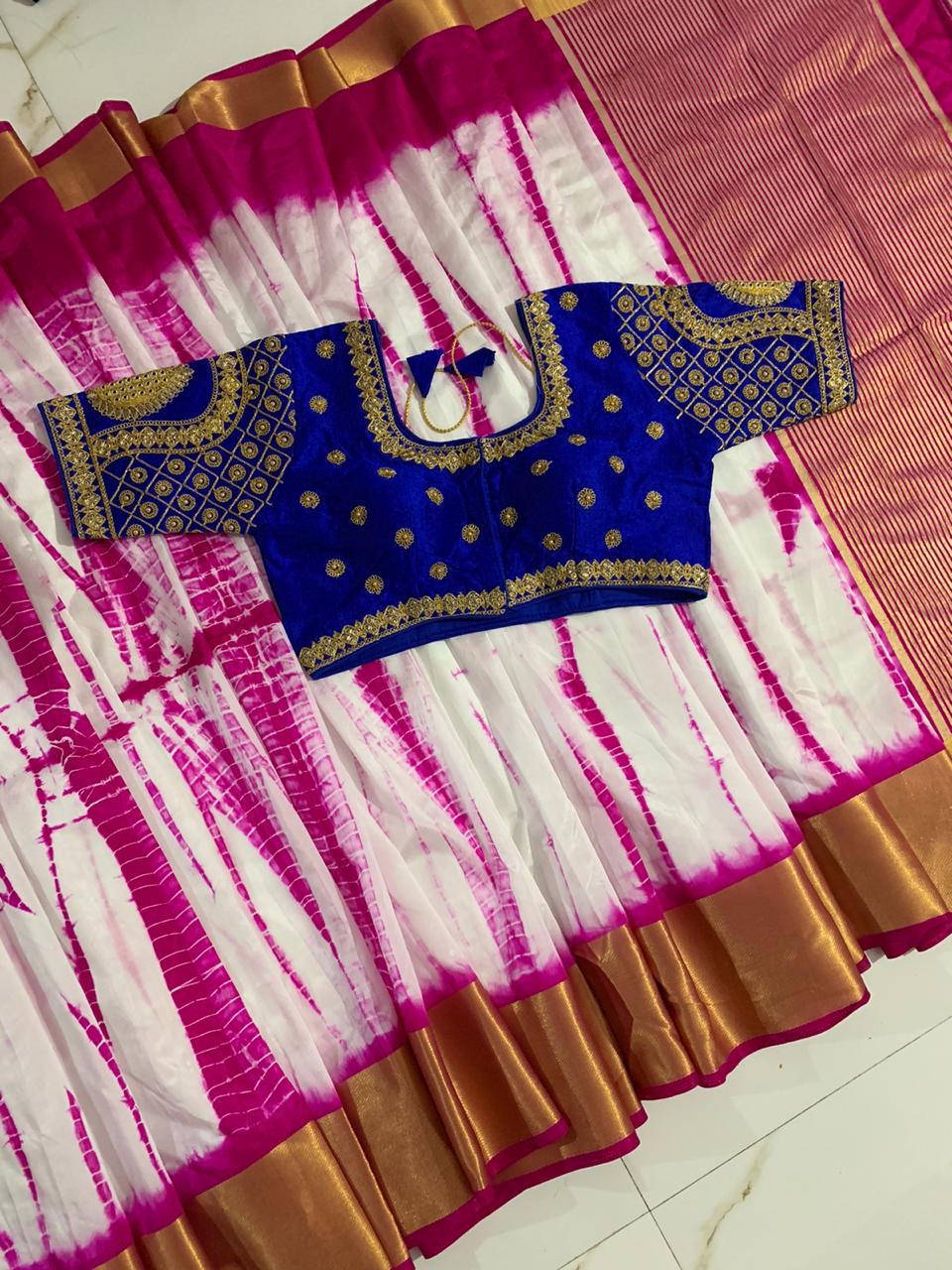 Astonishing Rani & Royal Blue Silk With Zari Patta Designer Saree Online & Ready Made Blouse