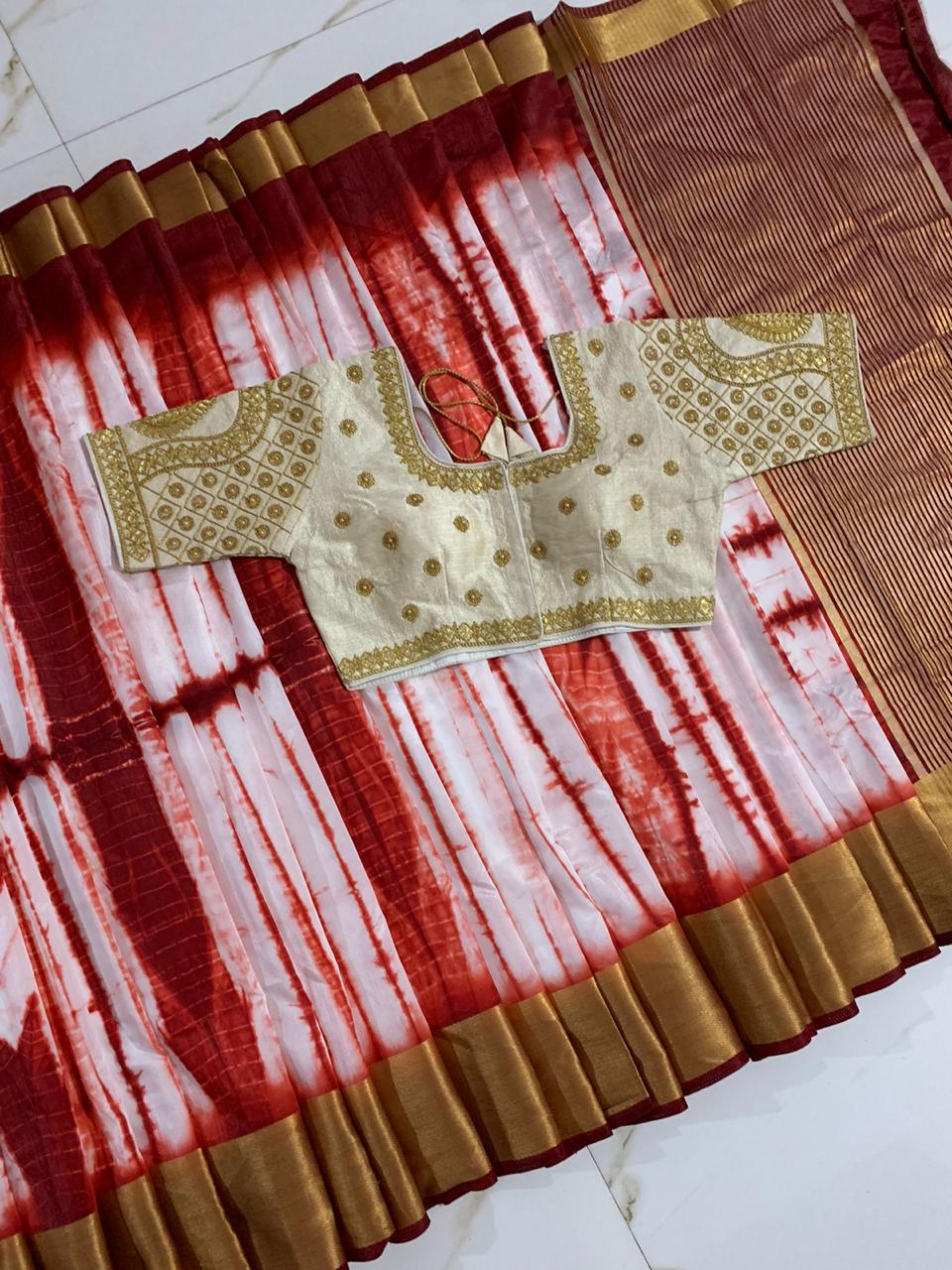 Phenomenal Maroon & Off White Silk Golden Zari Designer Saree Online & Ready Made Blouse