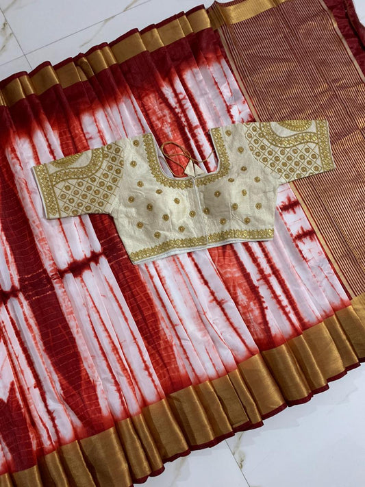 Phenomenal Maroon & Off White Silk Golden Zari Designer Saree Online & Ready Made Blouse