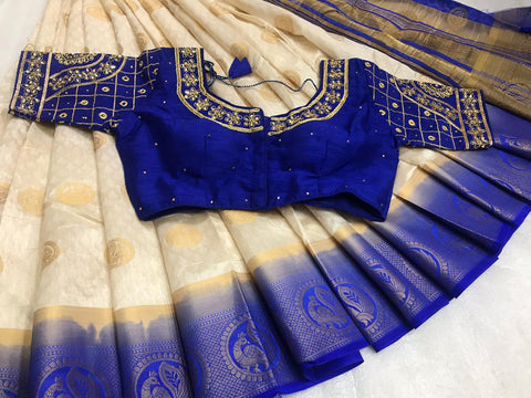 Breathtaking Cream & Royal Blue Kanjivaram Silk With Zari Designer Saree Online & Ready Made Blouse