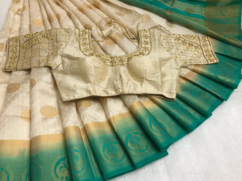 Mind-Boggling Off White & Rama Kanjivaram Silk Zari Designer Saree Online & Ready Made Blouse