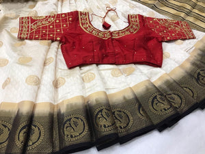 Mind-Blowing Maroon & Off White Kanjivaram Silk Zari Designer Saree Online & Ready Made Blouse